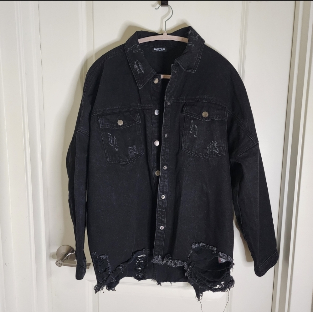 NastyGal Distressed Black Denim Jacket Size L